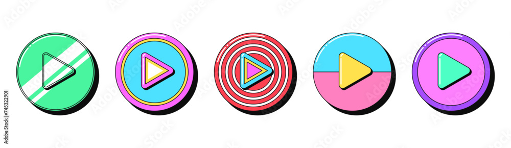 Isolated retro play button icon set, vector stickers. Player, start sign, music and video content, game stream. Outline 3d play buttons with pattern. Retro design elements for ads and pop culture