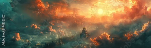 flag of india the wheel above a city in the clouds
