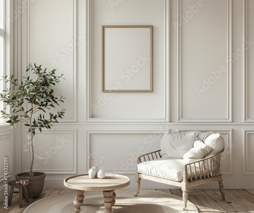 modern clean white furniture set with photo frame on wall