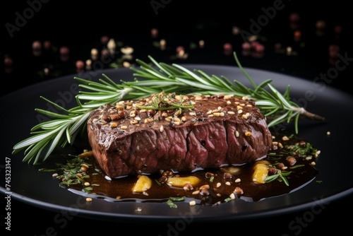 Close-up of succulent grilled beef steak garnished and served on an elegant serving plate