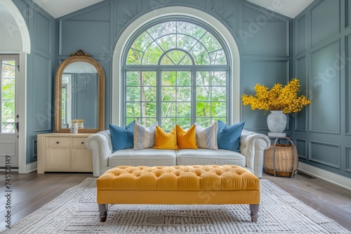 grey and yellow living room with an arched window, mirror and an ottoman