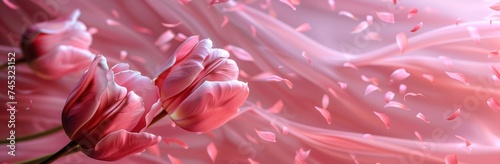 flowers of pink tulips with petals spread on a pink background
