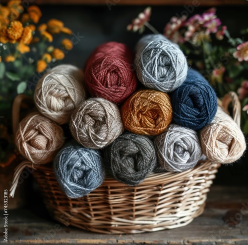 new skeins, skeins of grey, blue, and brown yarn placed in basket