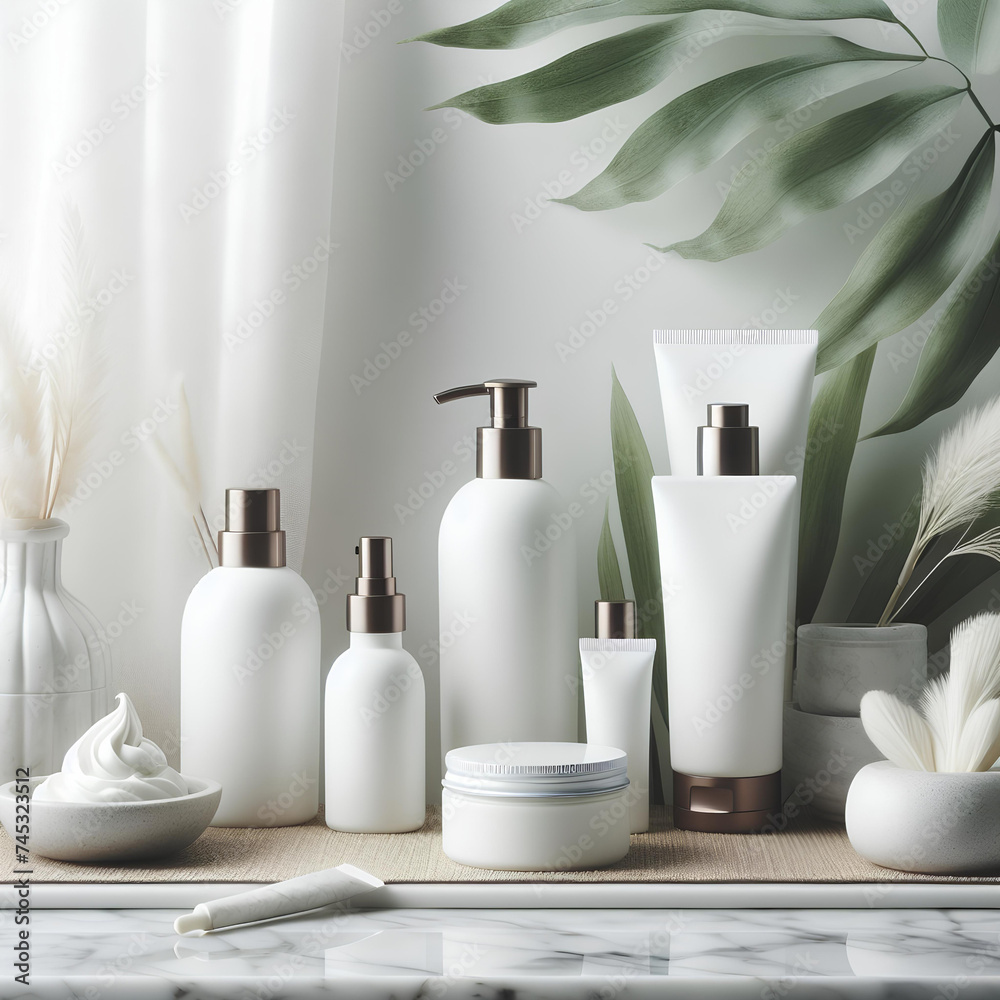 white bottles and tubes with cosmetics on white marble shelf in the bathroom for relax spa card decor white bottles and tubes with cosmetics on white marble shelf in the bathroom for relax spa card decor