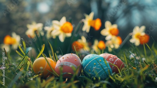 Easter eggs peeking out from the grass alongside daffodils