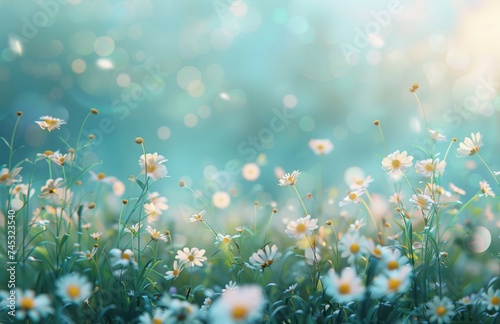 green field with daisies and bokeh sun