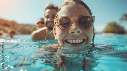 Happy family playing in swimming pool. Summer vacation concept