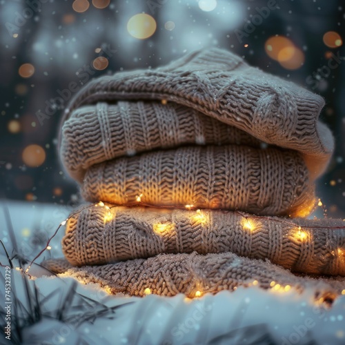 image of sweaters folded and piled up in the snow