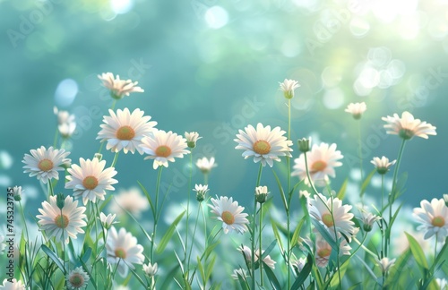 green field with daisies and bokeh sun