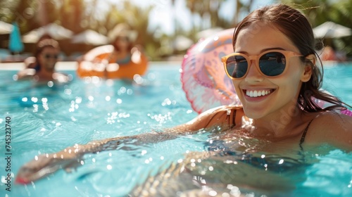 Happy family playing in swimming pool. Summer vacation concept