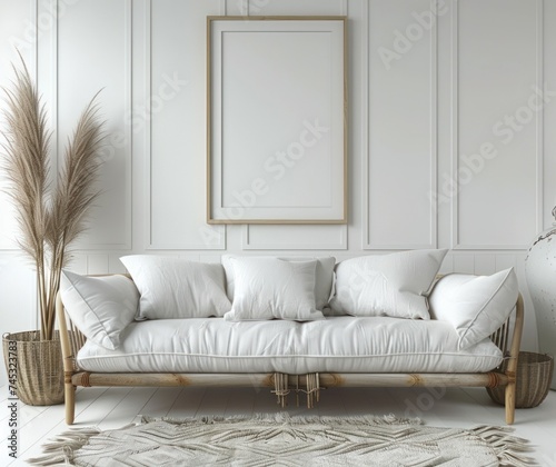 modern clean white furniture set with photo frame on wall