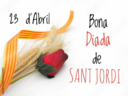 The day of books and roses April 23. Red rose, wheat and senyera. 23 d'Abril Bona Diada de Sant Jordi text photo