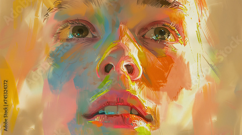 Digital Painting of Woman's Face with Colorful Strokes and Emotional Expression