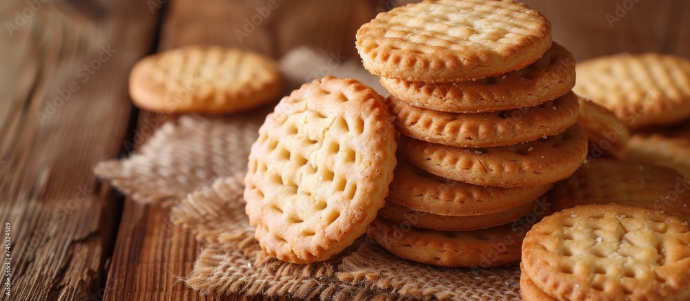 A stack of crispy crackers is placed neatly on top of a rustic wooden table, creating a simple yet appetizing scene. A stack of crispy crackers is placed neatly on top of a rustic wooden table, creating a simple yet appetizing scene.