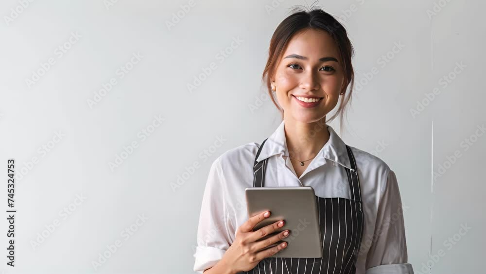 welcome asian female woman business owner wear apron hand holding tablet ready for your order on white color background, restaurant, pretty, uniform welcome asian female woman business owner wear apron hand holding tablet ready for your order on white color background, restaurant, pretty, uniform