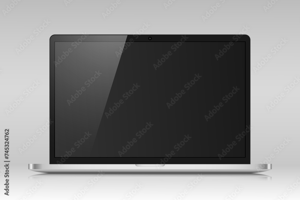Realistic laptop layout with a black screen and reflection on a gray gradient background. Vector illustration.