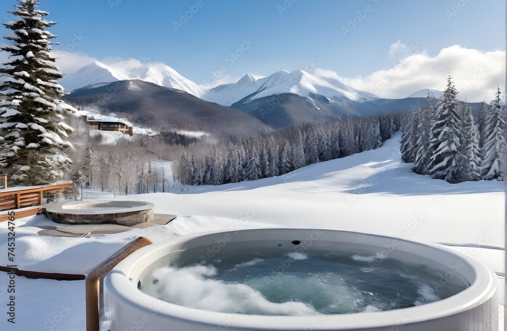 Luxury Ski resort in the mountains a hot tub with spa near a  forest of snow-covered fir trees
