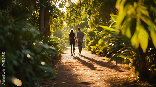 Um casal jovem caminhando de mãos dadas ao longo de um caminho ensolarado em um parque exuberante photo