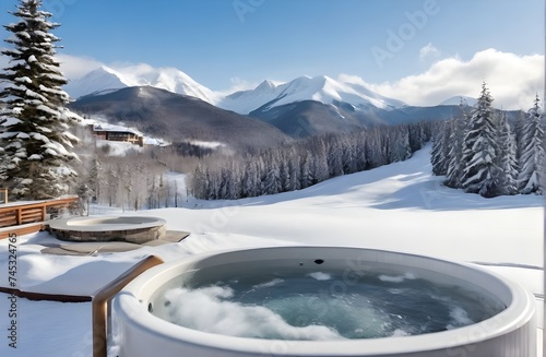 Luxury Ski resort in the mountains a hot tub with spa near a forest of snow-covered fir trees