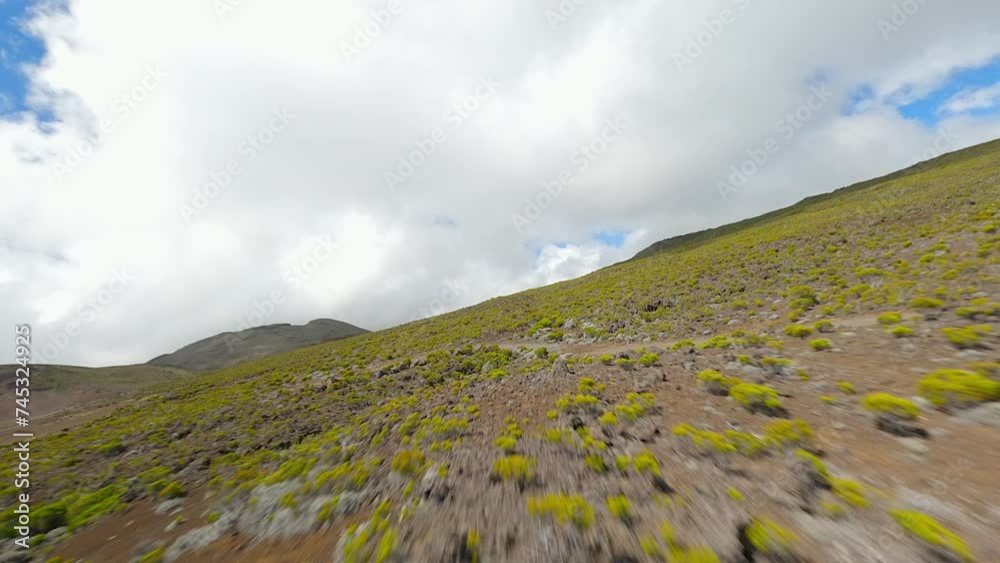 Piton de la Fournaise volcano in Reunion island FPV drone aerial view Piton de la Fournaise volcano in Reunion island FPV drone aerial view
