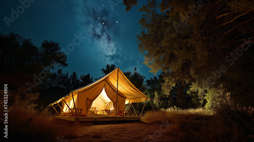 Under a starlit sky, a luxurious glamping tent glows invitingly amidst the tranquil forest