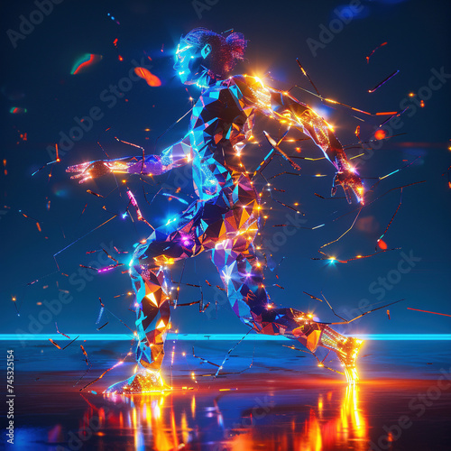 Abstract Crystal Runner with Dynamic Sparks on Blue Background © swissa
