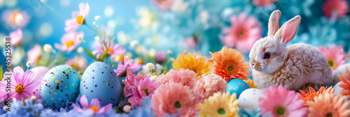 A cute bunny surrounded by bright flowers, with Easter eggs nearby. It can be used for holiday cards or decoration during Easter celebrations.