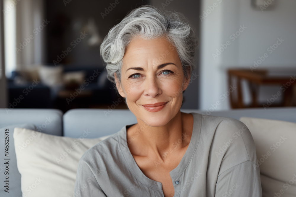 Smiling middle aged woman sitting on sofa at home, single mature senior in living room Smiling middle aged woman sitting on sofa at home, single mature senior in living room