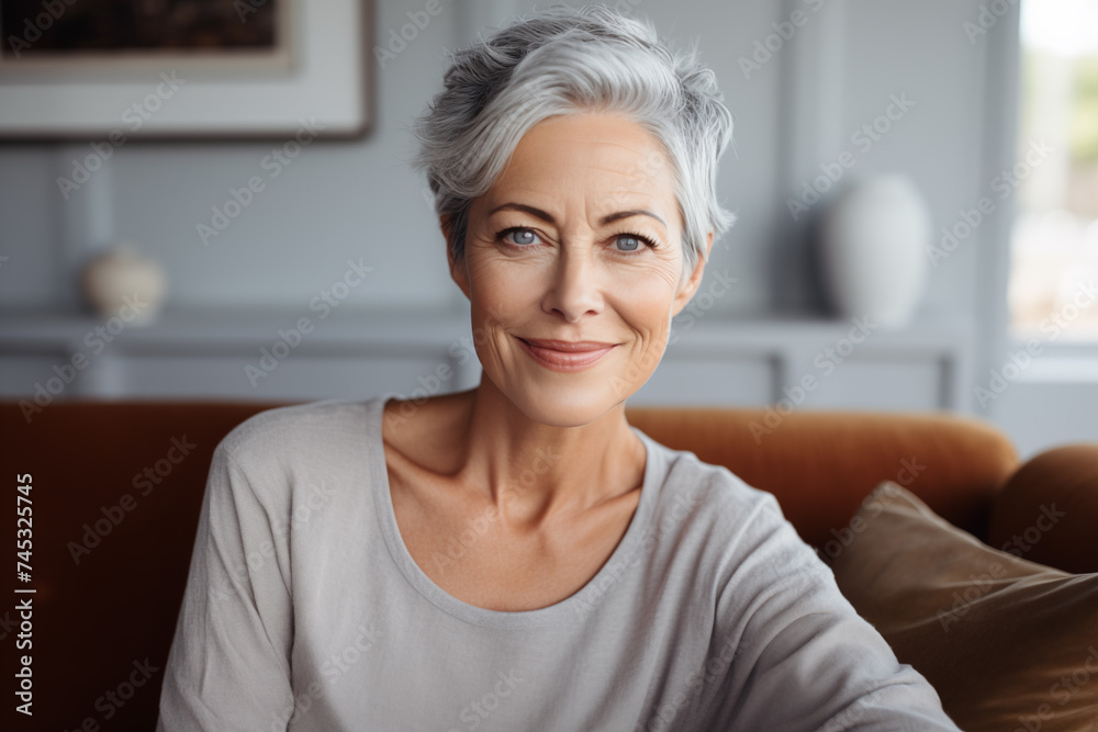 Smiling middle aged woman sitting on sofa at home, single mature senior in living room Smiling middle aged woman sitting on sofa at home, single mature senior in living room
