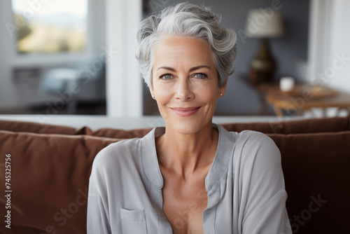 Smiling middle aged woman sitting on sofa at home, single mature senior in living room