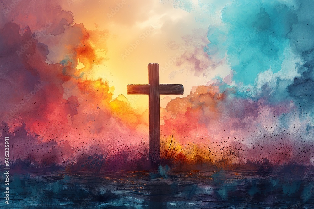 Cross of Jesus Christ on a colorful watercolor background. Illustration - obrazy, fototapety, plakaty 