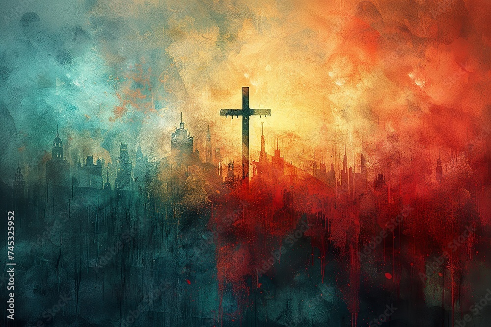 Cross of Jesus Christ on a colorful watercolor background. Illustration - obrazy, fototapety, plakaty 