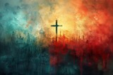Cross of Jesus Christ on a colorful watercolor background. Illustration