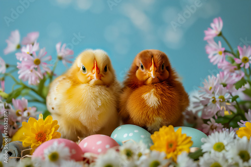 A cute yellow chicken surrounded by colorful Easter eggs and flowers on a blue background. The image can be used for Easter cards or spring season decorations.