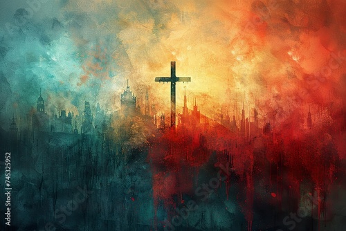 Cross of Jesus Christ on a colorful watercolor background. Illustration photo