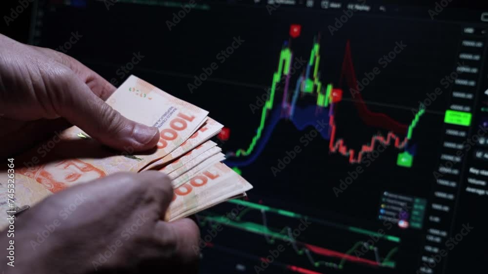 A man celebrating his profit investment in Argentine pesos with a thumb up.