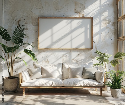 white wood frame near white sofa and plant with wooden frame