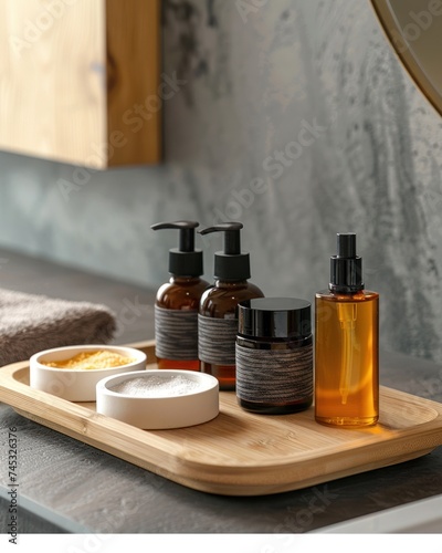 various cosmetic products on wooden trays