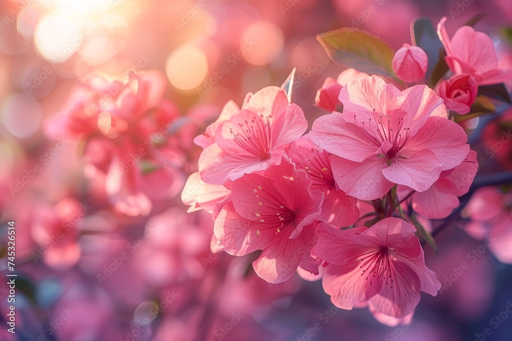 Cherry blossoms in full bloom with vibrant pink petals illuminated by sunlight, showcasing the beauty of springtime Cherry blossoms in full bloom with vibrant pink petals illuminated by sunlight, showcasing the beauty of springtime
