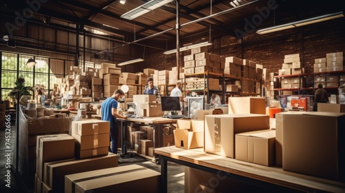 Busy hardware store employees shipping and preparing goods for international export photo