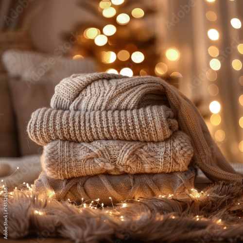 stacked knit sweaters with christmas lights in the background