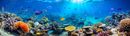 A panoramic underwater realm bustling with vibrant fish and corals under beams of sunlight photo