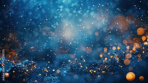 Twinkling Christmas lights set against a deep blue backdrop