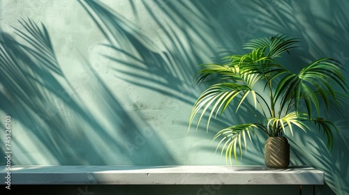 premium podium featuring a shadow of tropical palm leaves against a pastel gr...