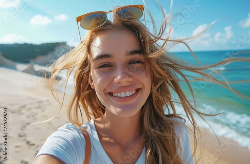 young girl smiling at camera while selfie taking woman