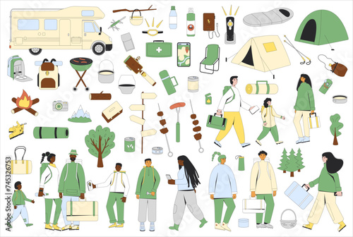 Travel tourists camping set isolated on white background. Hiking camp trip characters and elements. Spring and summer vacation picnic. Expedition camp trip with people. Vector flat illustration.