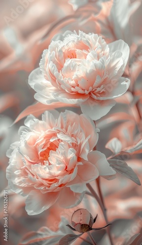 peonies are close ups with leaves in flower beds