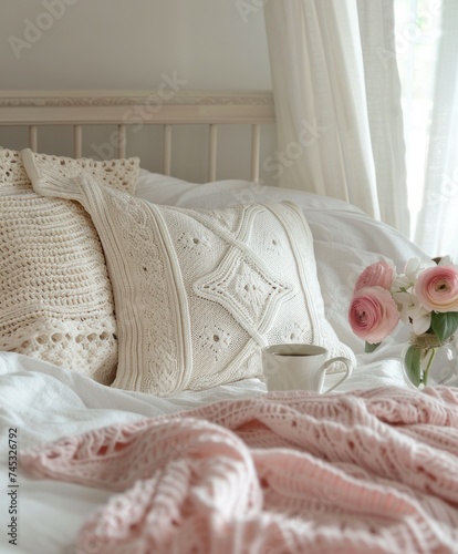 white bed with crochet pillow and cup of coffee