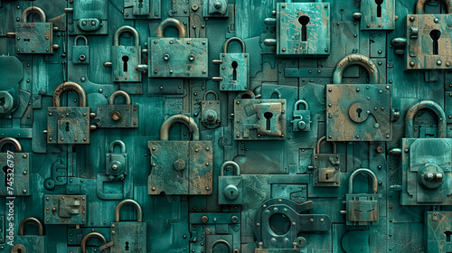Background with old lock on green wall.