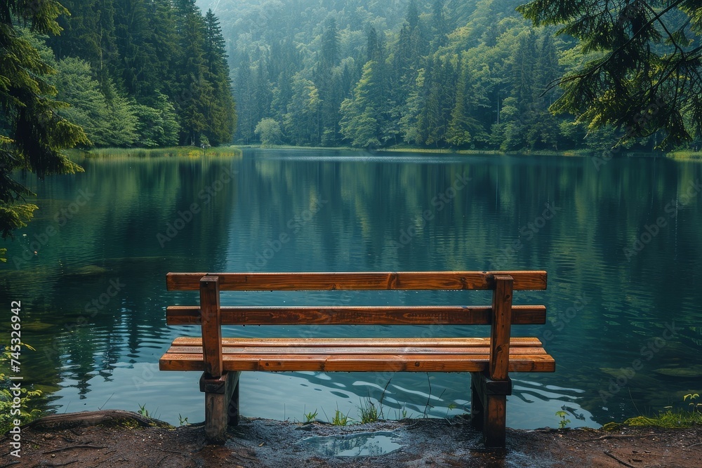 An inviting wooden bench overlooking a serene lake surrounded by lush greenery, a peaceful spot for quiet contemplation An inviting wooden bench overlooking a serene lake surrounded by lush greenery, a peaceful spot for quiet contemplation